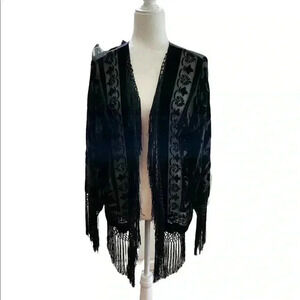 Velvet Kimono Fringe Shawl Floral Silk Cardigan